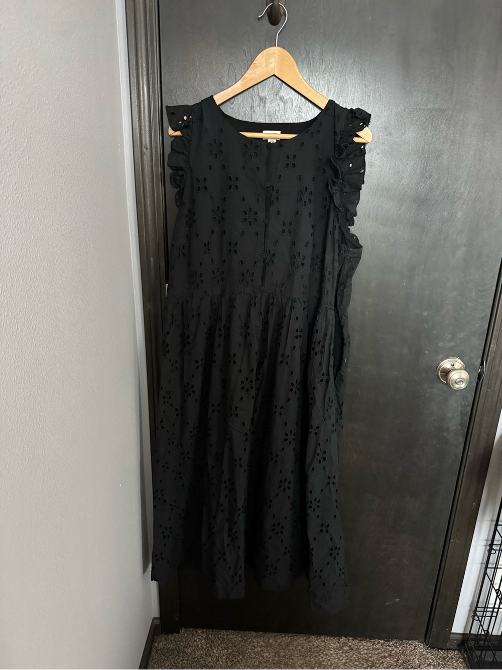 J. Crew Black Eyelet Ruffle Sleeve Midi Dress
